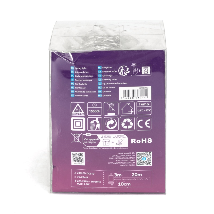 Aigostar - LED välistingimustes kasutatav jõulukett 200xLED/8 režiimi 23m IP44 soe valge