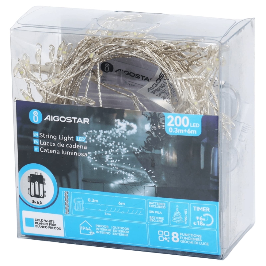 Aigostar - LED välistingimustesse mõeldud jõulutuled 200xLED/8 funktsiooni 3xAA 6,3m IP44 külmvalge