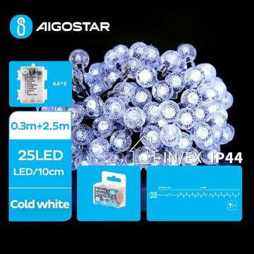 Aigostar - LED välistingimustes kasutatav jõulukett 25xLED/3xAA/8 funktsiooni 2,8 m IP44 külmvalge