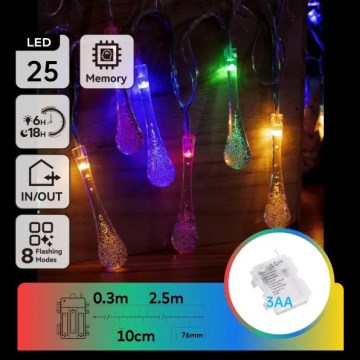 Aigostar - LED välistingimustes kasutatav jõulukett 25xLED/8 funktsiooni 3xAA 2,5m IP44 mitmevärvilised tilgad
