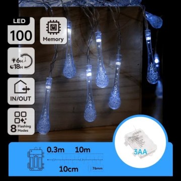 Aigostar - LED välistingimustes kasutatav jõulurida 100xLED/8 funktsiooni 3xAA 10m IP44 külmvalge pisarad