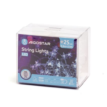Aigostar - LED välistingimuste valguskett 25 LED/8 funktsiooni 3xAA 2,5 m IP44 külmvalge