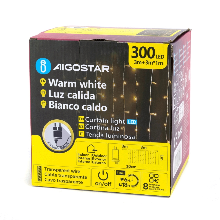 Aigostar - LED välijõulutuled 300xLED/8 funktsiooni 3x1m IP44 soe valge + kaugjuhtimispult