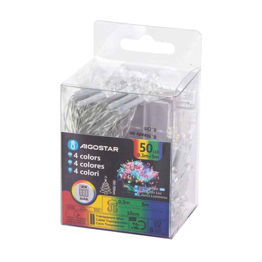 Aigostar - LED välisvalgusketi 50xLED/8 režiimi 3xAA 5,3m IP44 mitmevärviline
