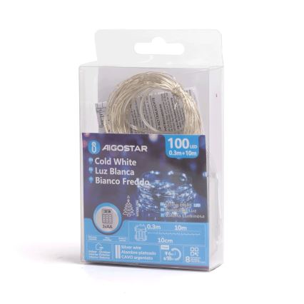 Aigostar - LED välisvalgusrida, 100 LED, 8 režiimi, 3×AA, 10,3 m, IP44, külmvalge