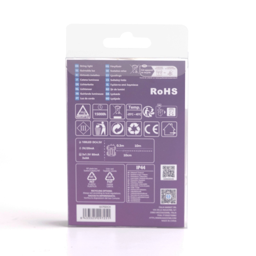 Aigostar - LED välisvalgusrida, 100 LED, 8 režiimi, 3×AA, 10,3 m, IP44, külmvalge