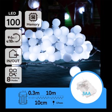 Aigostar - LED välisvalguskett 100xLED/3xAA/8 funktsiooni 10,3 m IP44 külmvalge