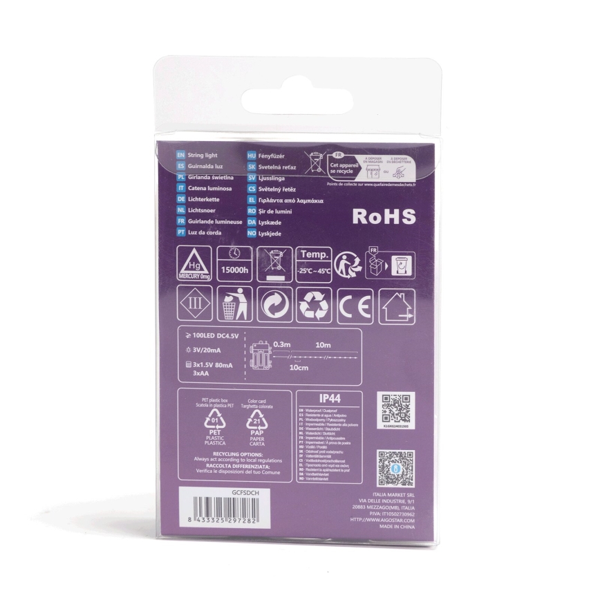 Aigostar - LED välivalguskett 100xLED/8 funktsiooniga/3xAA10,3m IP44 mitmevärviline