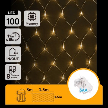 Aigostar - LED välisvalguskett 100xLED/8 funktsiooni/3xAA 4,5x1,5m IP44 soe valge