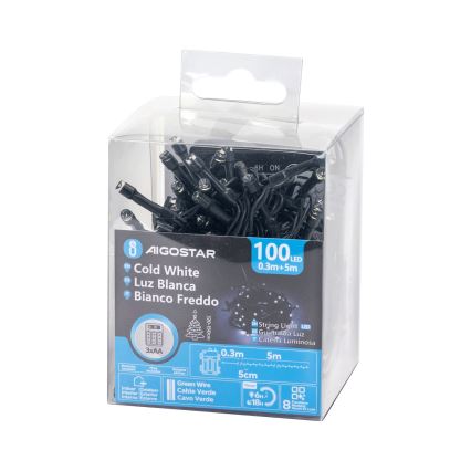 Aigostar - LED õuevalguskett 100xLED/8 funktsiooni 3xAA 5,3 m IP44 külmvalge