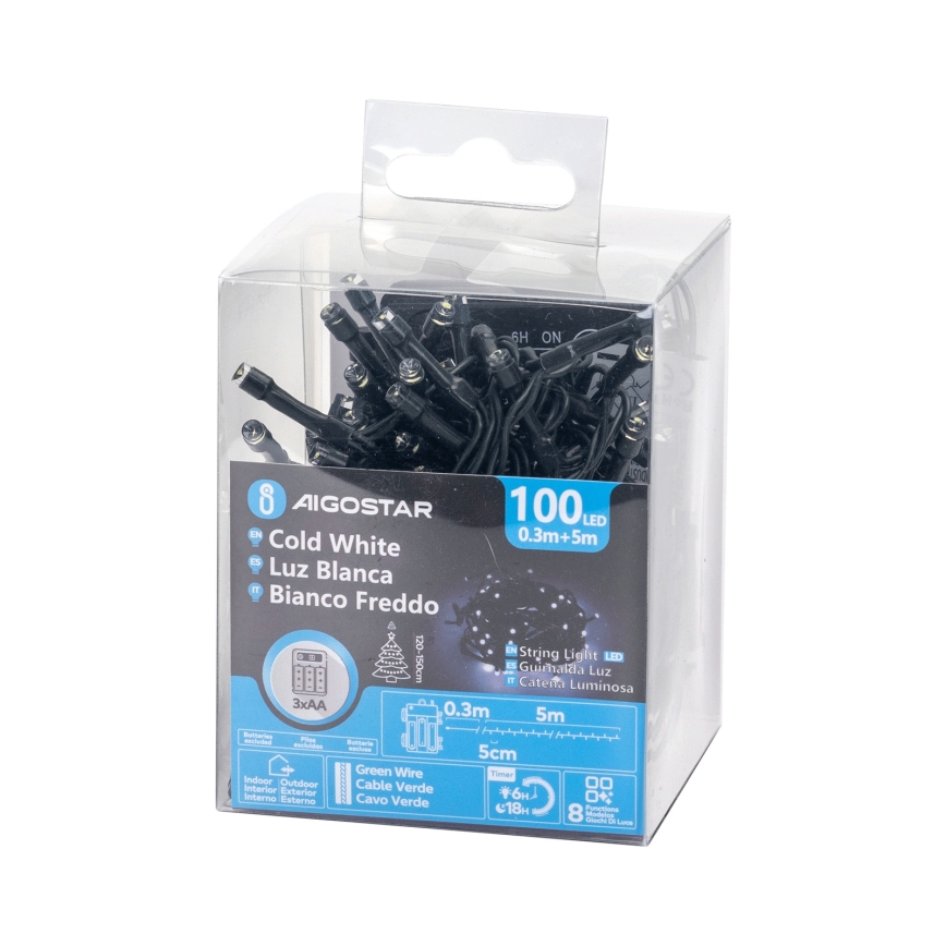Aigostar - LED õuevalguskett 100xLED/8 funktsiooni 3xAA 5,3 m IP44 külmvalge