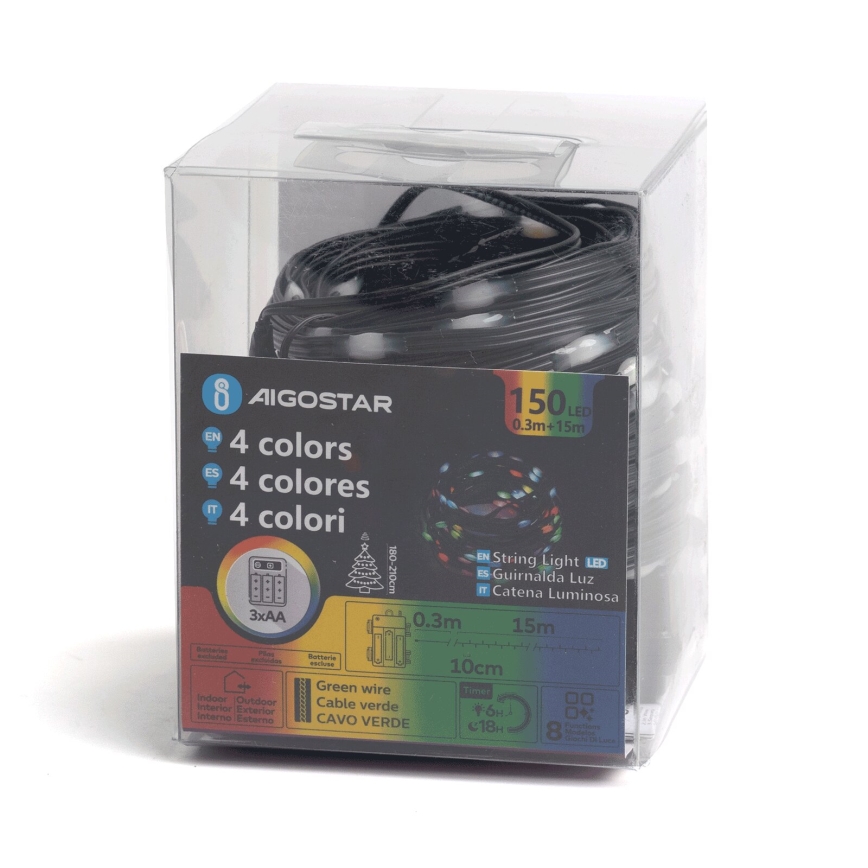 Aigostar - LED-välisvalguskett, 150 LED / 8 režiimi, 3x AA, 15,3 m, IP44, mitmevärviline
