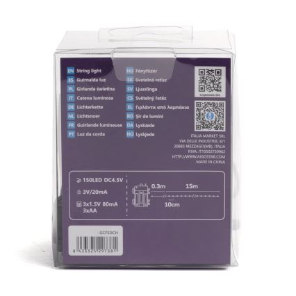 Aigostar - LED-välisvalguskett, 150 LED / 8 režiimi, 3x AA, 15,3 m, IP44, mitmevärviline