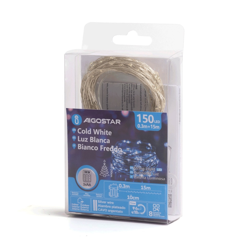 Aigostar - LED-valguskett välitingimustesse 150xLED/8 režiimi/3xAA 15,3 m IP44 külmvalge