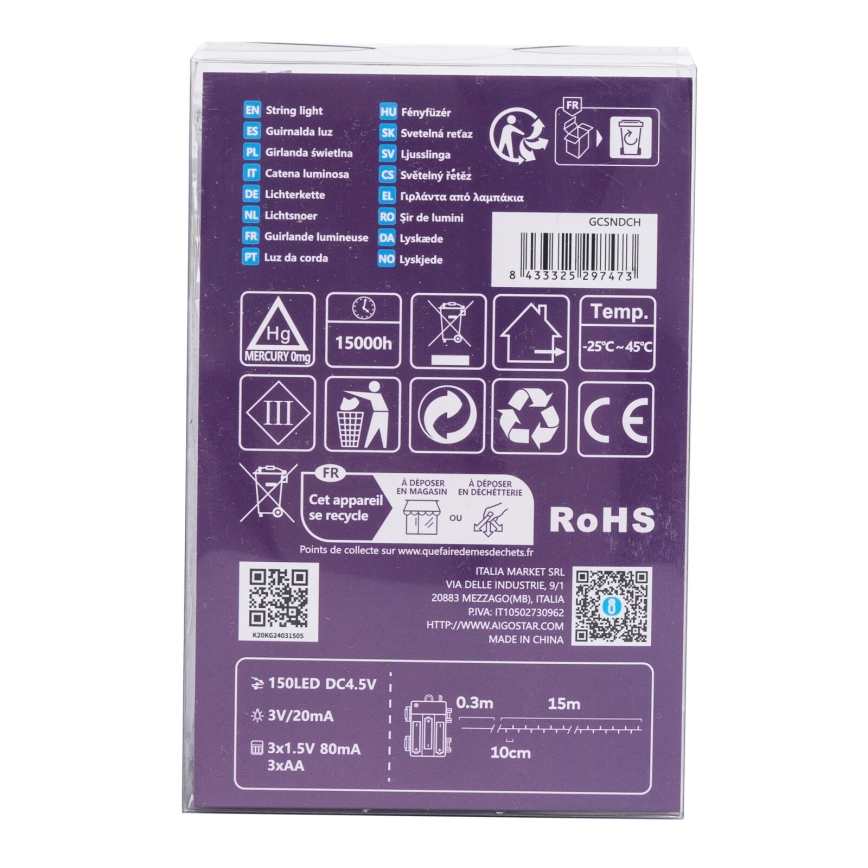 Aigostar - LED välisvalguskett, 150xLED, 8 režiimi, 3xAA, 15,3 m, IP44, mitmevärviline