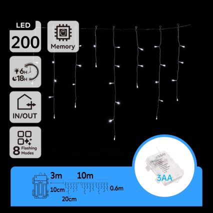Aigostar - LED välistingimustes valguskett, 200xLED, 8 funktsiooniga, 3xAA, 13x0,6m, IP44, külmvalge