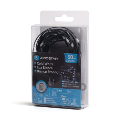 Aigostar - LED-välisvalguskett 50×LED / 8 režiimi, 3×AA, 5,3 m, IP44, külmvalge