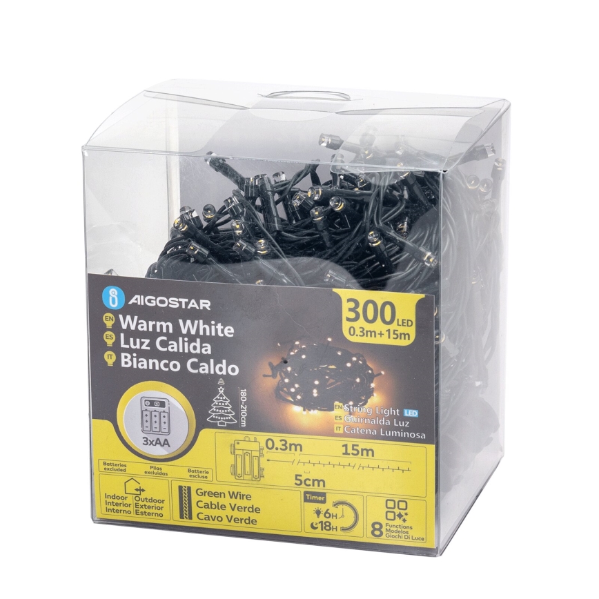 Aigostar-LED Välisvalgustuse valguskett 300 LED/8 funktsiooni 3xAA 15,3 m IP44 soe valge