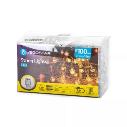 Aigostar - LED-valguskett välitingimiseks 100xLED/3xAA/8 funktsiooni 10,3 m IP44 soe valge