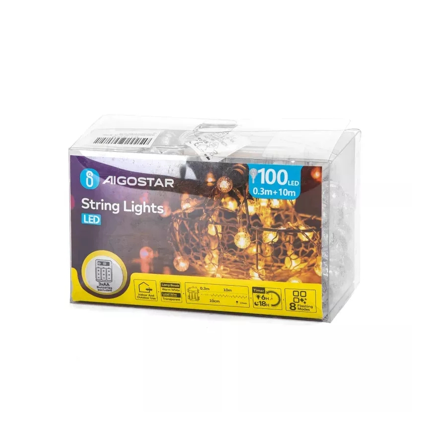 Aigostar - LED-valguskett välitingimiseks 100xLED/3xAA/8 funktsiooni 10,3 m IP44 soe valge