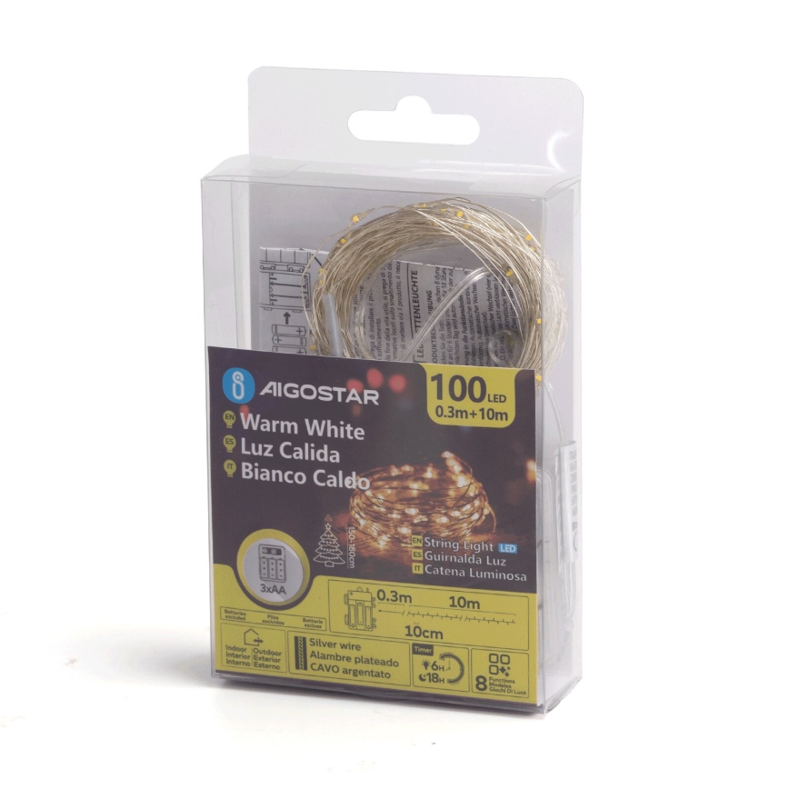 Aigostar -LED välisvalgustuskett 100xLED/8 funktsiooniga 3xAA 10,3m IP44 soe valge