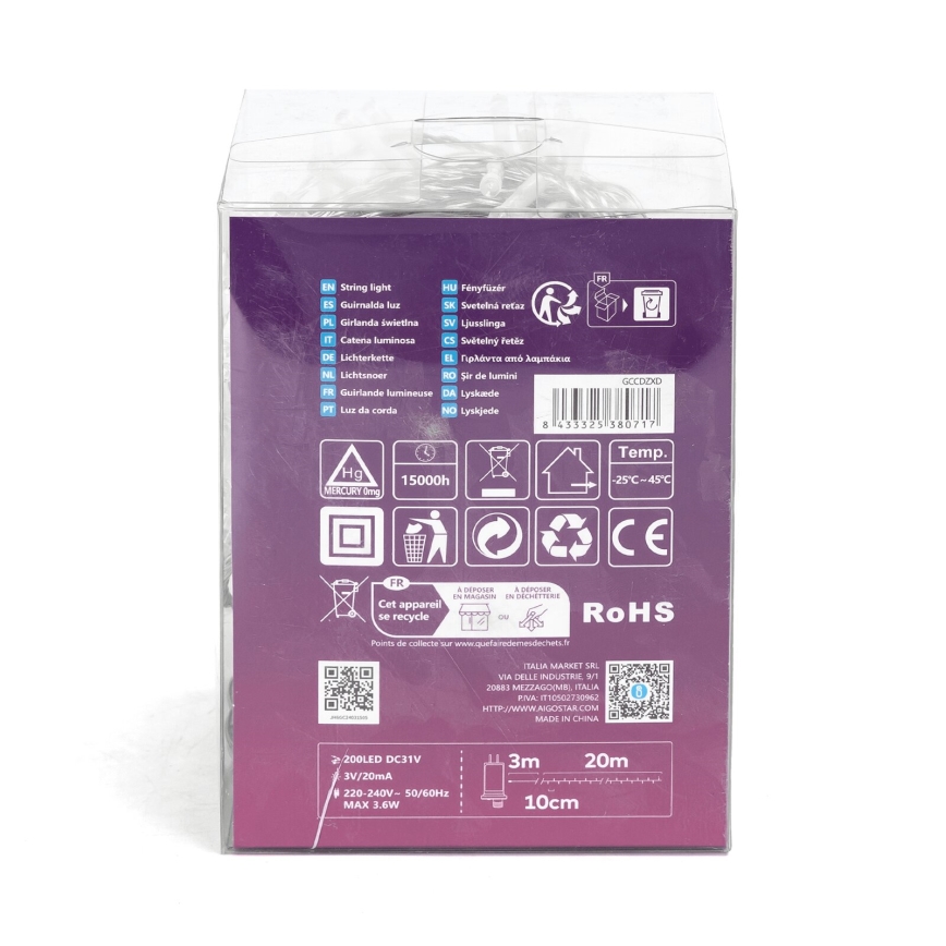 Aigostar - LED välisvalgustuskett 200xLED/8 režiimi 23m IP44 külmvalge