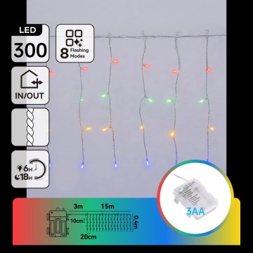 Aigostar - LED välitingimuste jõulukaunistuste valguskett 300xLED/8 funktsiooni 3xAA 18x0,4m IP44 mitmevärviline