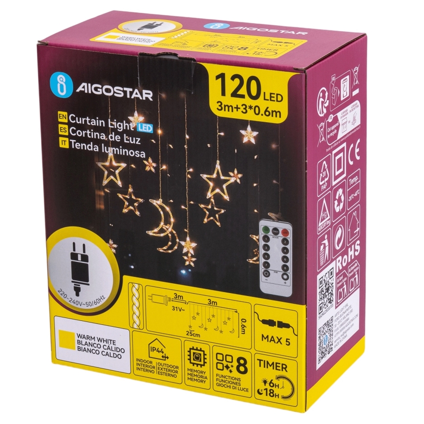 Aigostar - LED välivalguskett 120×LED / 6 W / 230 V / 8 režiimi, 3×0,6 m, IP44, soe valge + kaugjuhtimispult