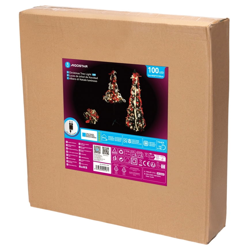 Aigostar - LED välistingimustes jõulupuu 100xLED 1,5m IP44 punane külmvalge