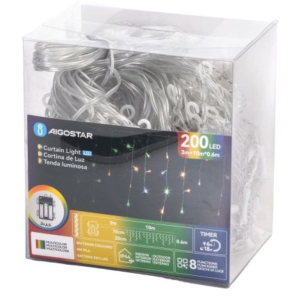 Aigostar - LED väliseks kasutamiseks mõeldud jõulukaabel 200xLED/8 režiimi 3xAA 13x0,6 m IP44 mitmevärviline