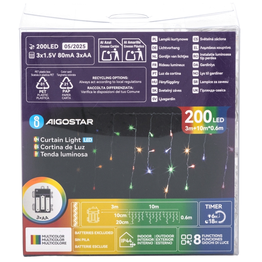 Aigostar - LED väliseks kasutamiseks mõeldud jõulukaabel 200xLED/8 režiimi 3xAA 13x0,6 m IP44 mitmevärviline