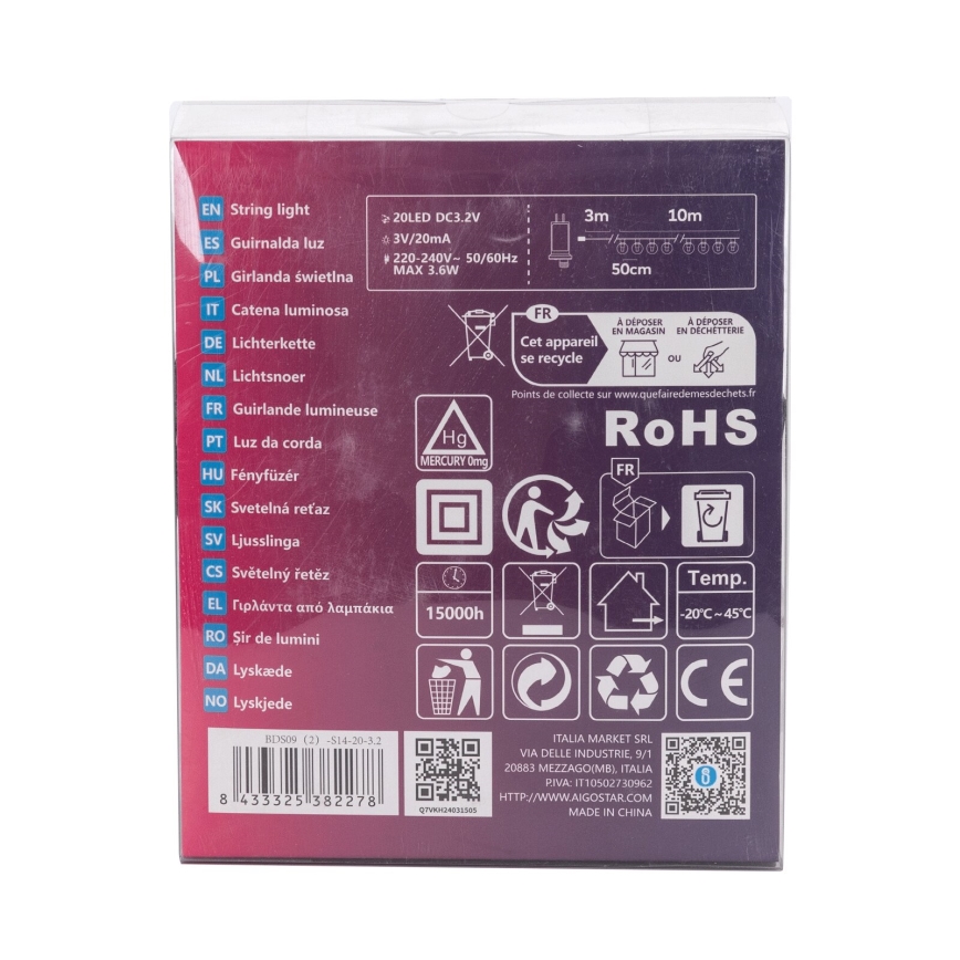 Aigostar - LED välitingimustes kasutatav dekoratiivne valguskett 20xLED/13m IP44 külmvalge