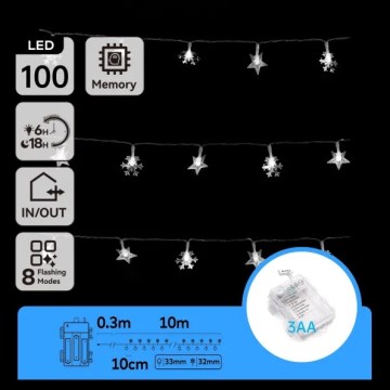 Aigostar - LED välitingimustes kasutatav jõulukaabel 100xLED/8 funktsiooni 3xAA 10 m IP44 külmvalge