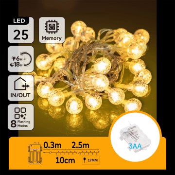 Aigostar - LED välitingimustes kasutatav jõulukett 25xLED/3xAA/8 funktsiooni 2,8 m IP44 soe valge