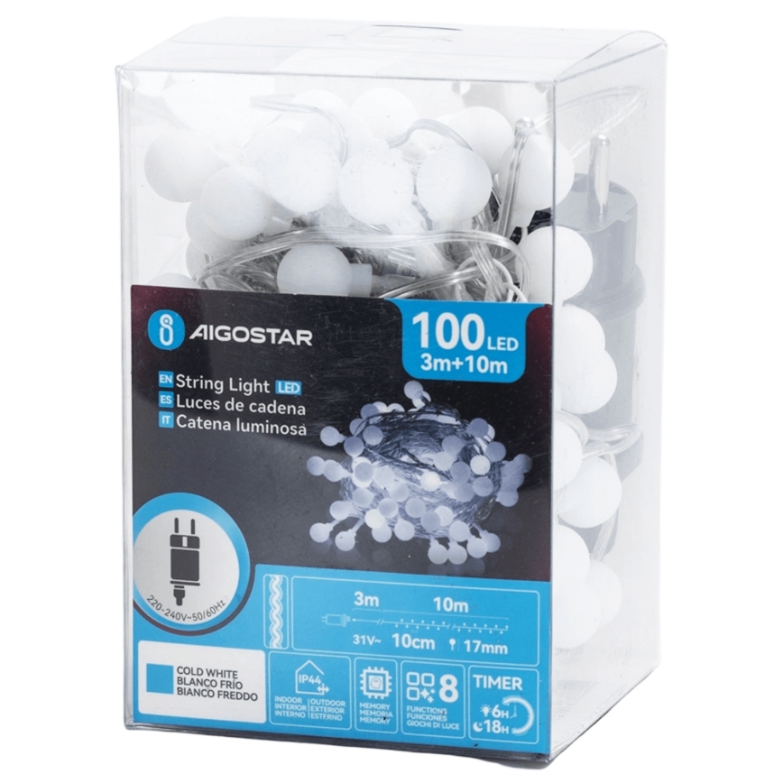 Aigostar - LED välistingimustes dekoratiivne valguskett 100× LED, 8 funktsiooniga, 10 m, IP44, külmvalge