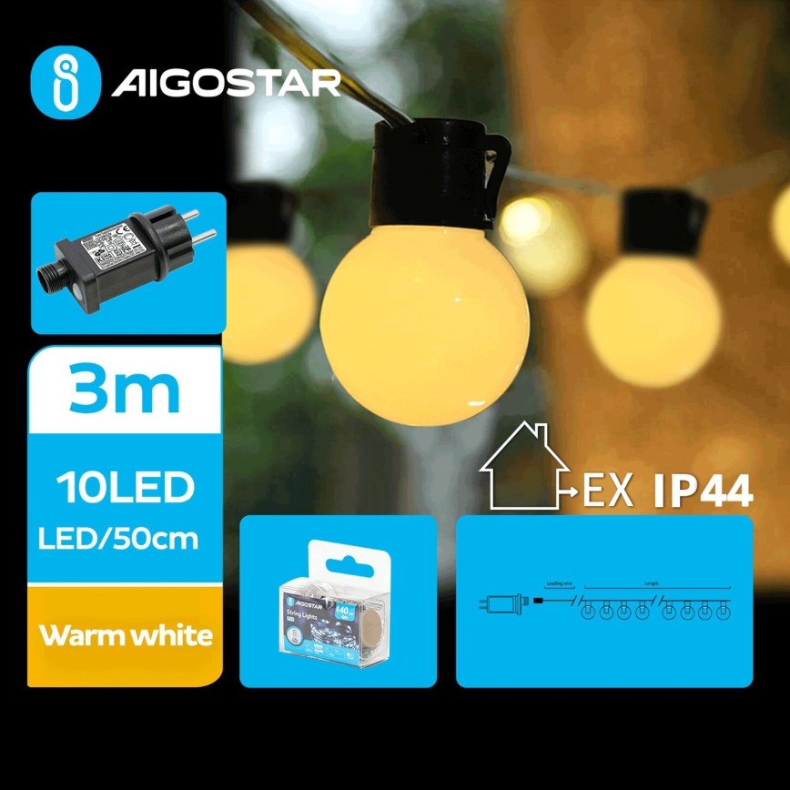 Aigostar - LED välitingimustesse mõeldud dekoratiivne valguskett 10xLED/3m IP44 soe valge