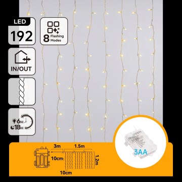 Aigostar - LED välitingimustesse mõeldud jõulukett 192xLED/8 funktsiooni 3xAA 4,5x1,2m IP44 soe valge