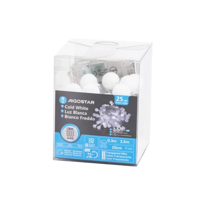 Aigostar - LED Jõuluteemaline väli valguskett 25xLED/3xAA/8 funktsiooni 2,8 m IP44 külm valge