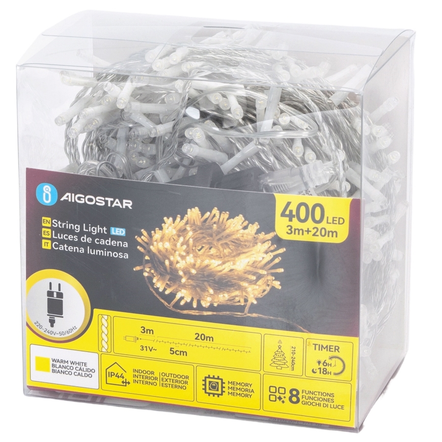 Aigostar - LED välisvalgustikett 400xLED/8 funktsiooni 20m IP44 soe valge
