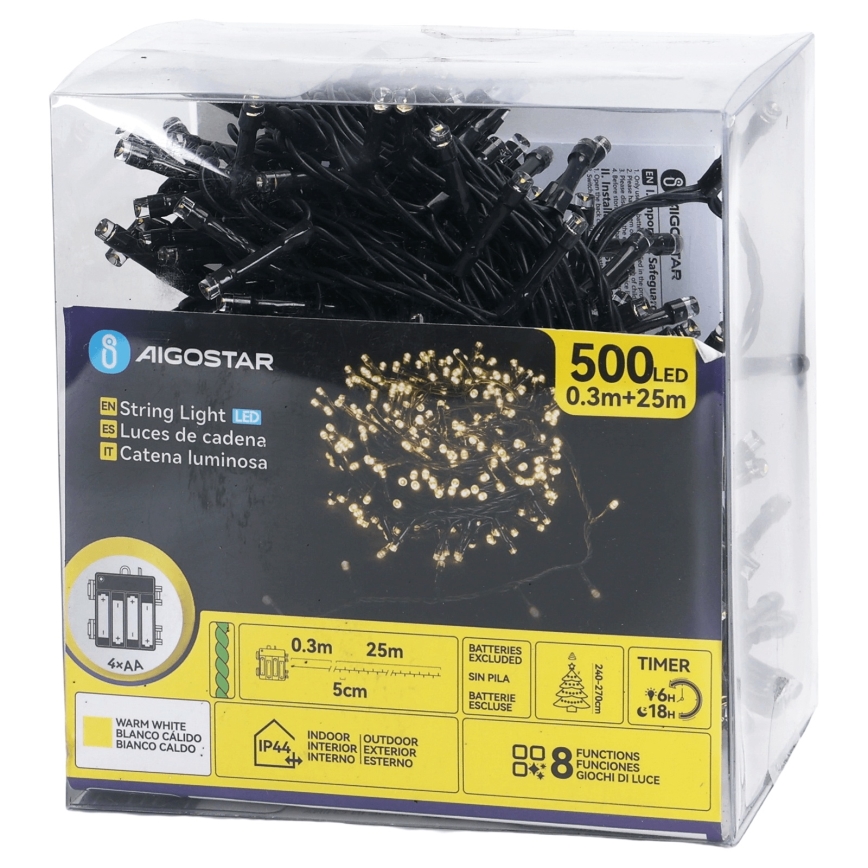 Aigostar - LED välisvalgustite kett 500xLED/8 funktsiooni 4xAA 25,3 m IP44 soe valge