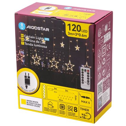Aigostar - LED välisvalgustuse valgusketi 120xLED/8 funktsiooni 3x0,6 m IP44 soe valge + kaugjuhtimispult