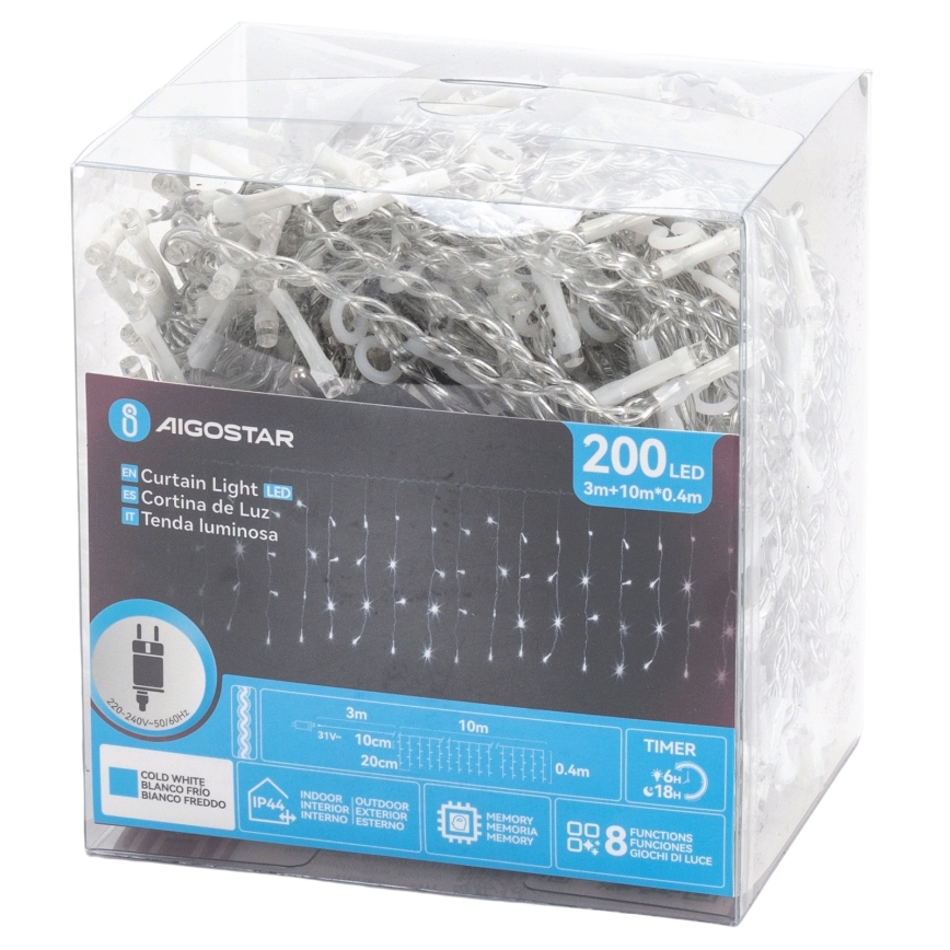 Aigostar - LED-välisvalgustuse valguskett, 200 LED, 3,6 W, 230 V, 8 funktsiooni, 10 x 0,4 m, IP44, külmvalge