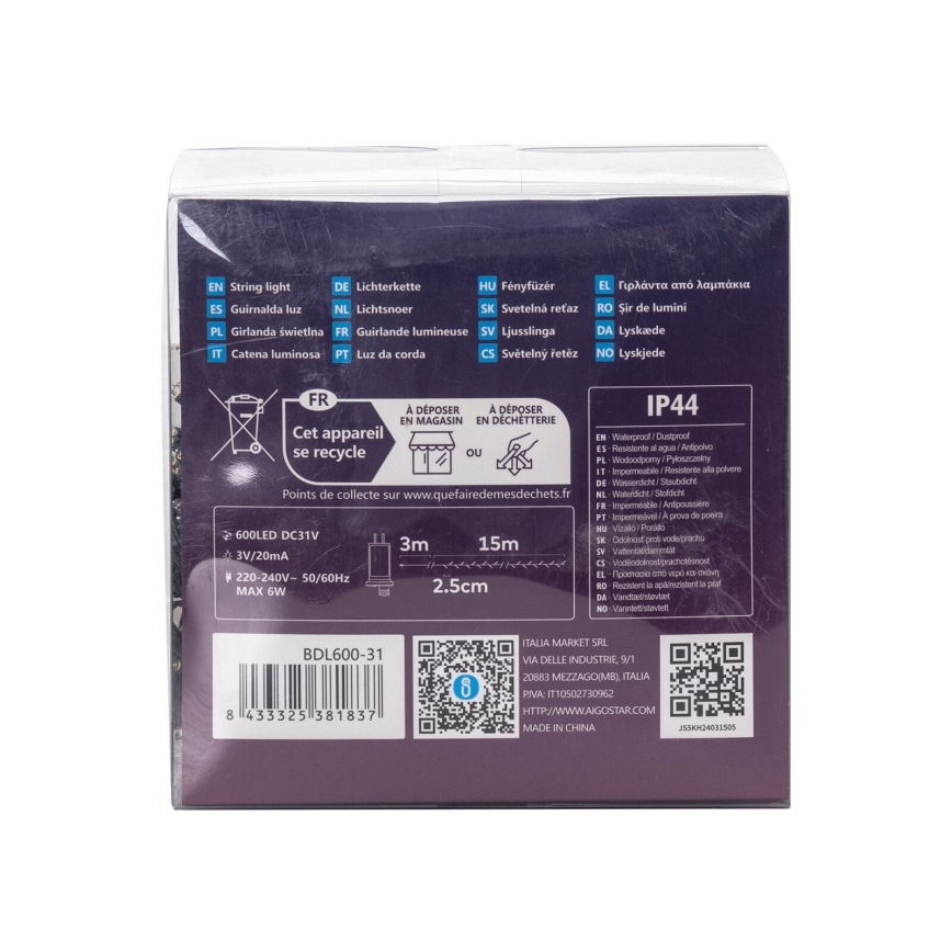 Aigostar - LED väljas jõulukett 600xLED/8 funktsiooni 18m IP44 soe valge