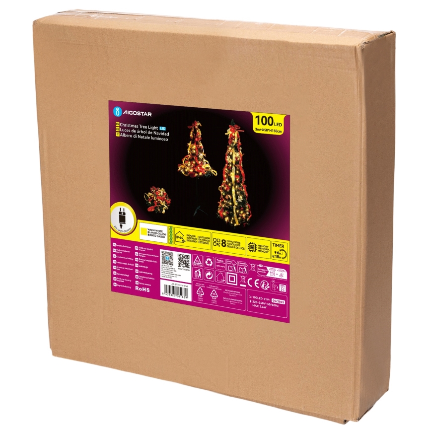 Aigostar - LED välitingimustes jõulupuu 100xLED 1,5m IP44 punane/kuldne soe valge