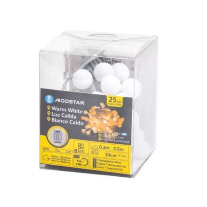 Aigostar-LED Väljas kasutamiseks mõeldud jõulukett 25xLED/3xAA/8 funktsiooni 2,8 m IP44 soe valge