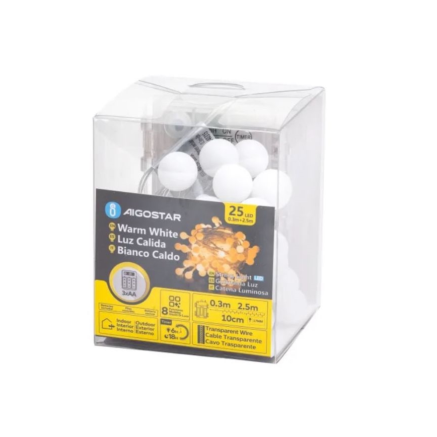 Aigostar-LED Väljas kasutamiseks mõeldud jõulukett 25xLED/3xAA/8 funktsiooni 2,8 m IP44 soe valge