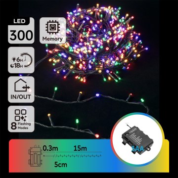 Aigostar -LED Väljas kasutamiseks mõeldud jõulutuled 300xLED/8 funktsiooni 3xAA 15,3m IP44 mitmevärvilised