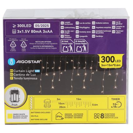 Aigostar - LED välistingimuste jõulukett 300xLED/8 režiimi 3xAA 18x0,6 m IP44 soe valge