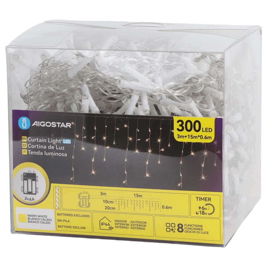 Aigostar - LED välistingimuste jõulukett 300xLED/8 režiimi 3xAA 18x0,6 m IP44 soe valge