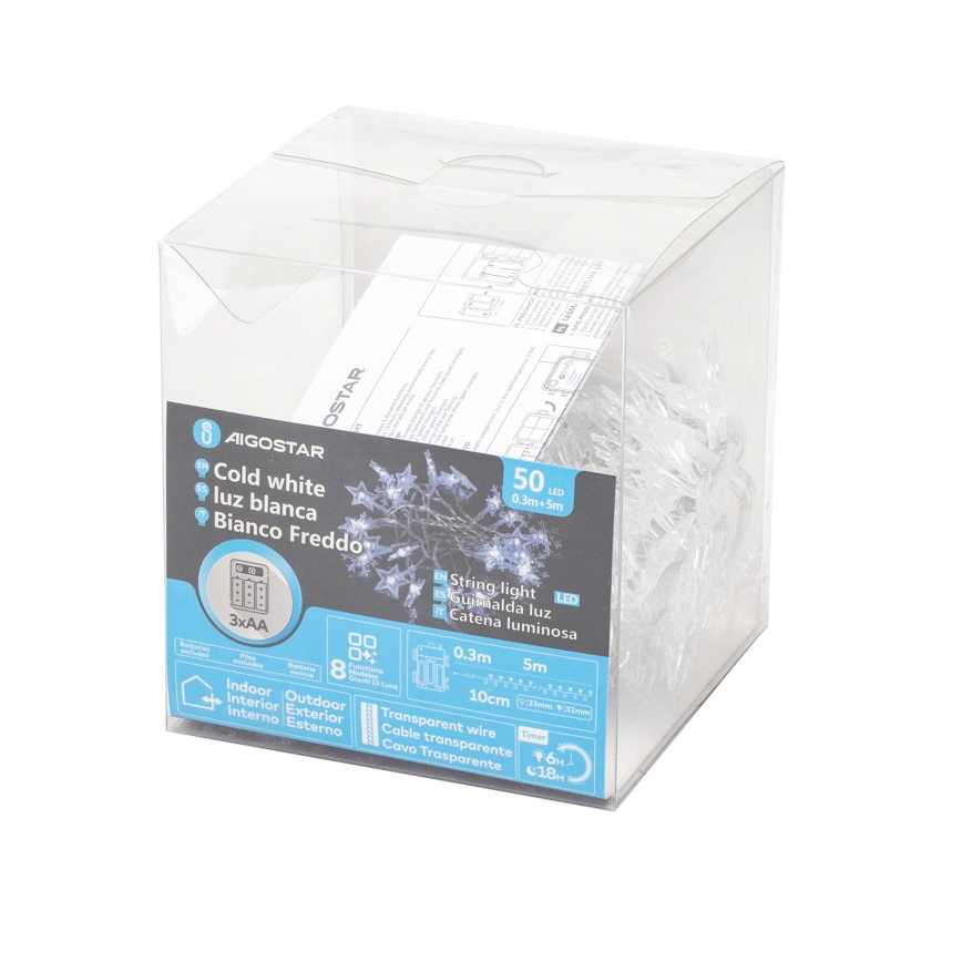 Aigostar - välistingimustesse mõeldud LED-jõulutuled, 50 LED, 8 funktsiooni, 3×AA, 5 m, IP44, külmvalge, tähekujulised
